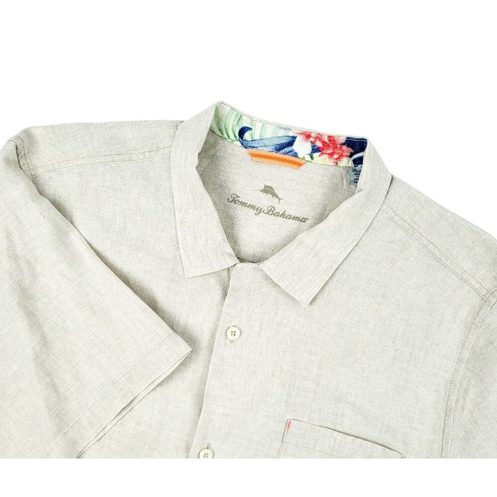 Tommy Bahama Linen Shirt Men's XL Beige Button Up Short Sleeve Loop Collar EUC